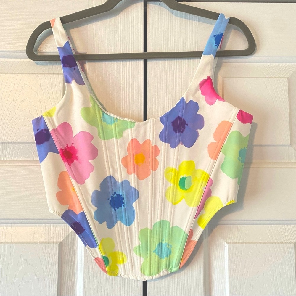 White Fox Saturday Sun Bustier, White with Colorful Floral Print, M